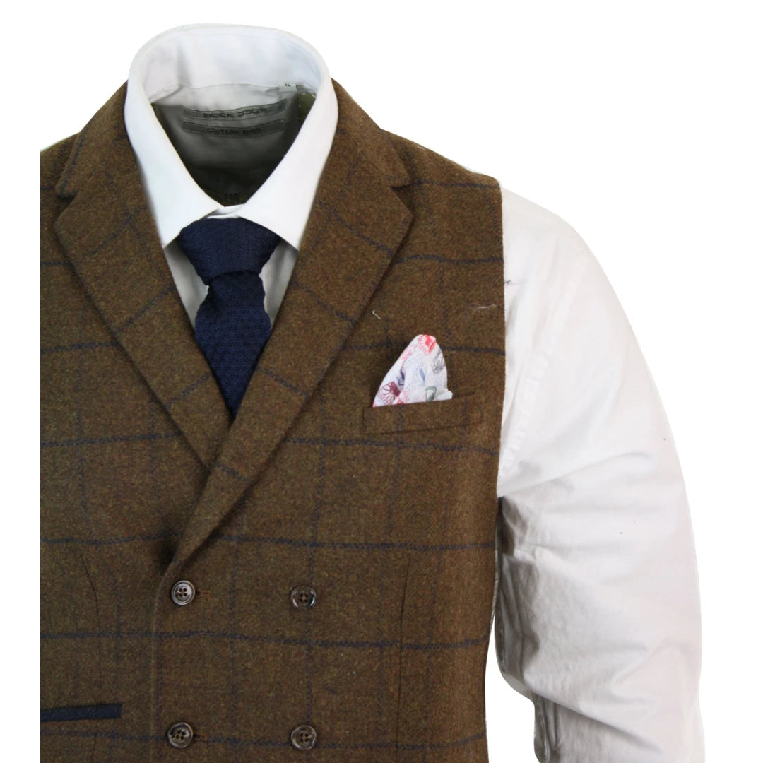 Mens Double Breasted Herringbone Tweed Vintage Check Waistcoat-TruClothing