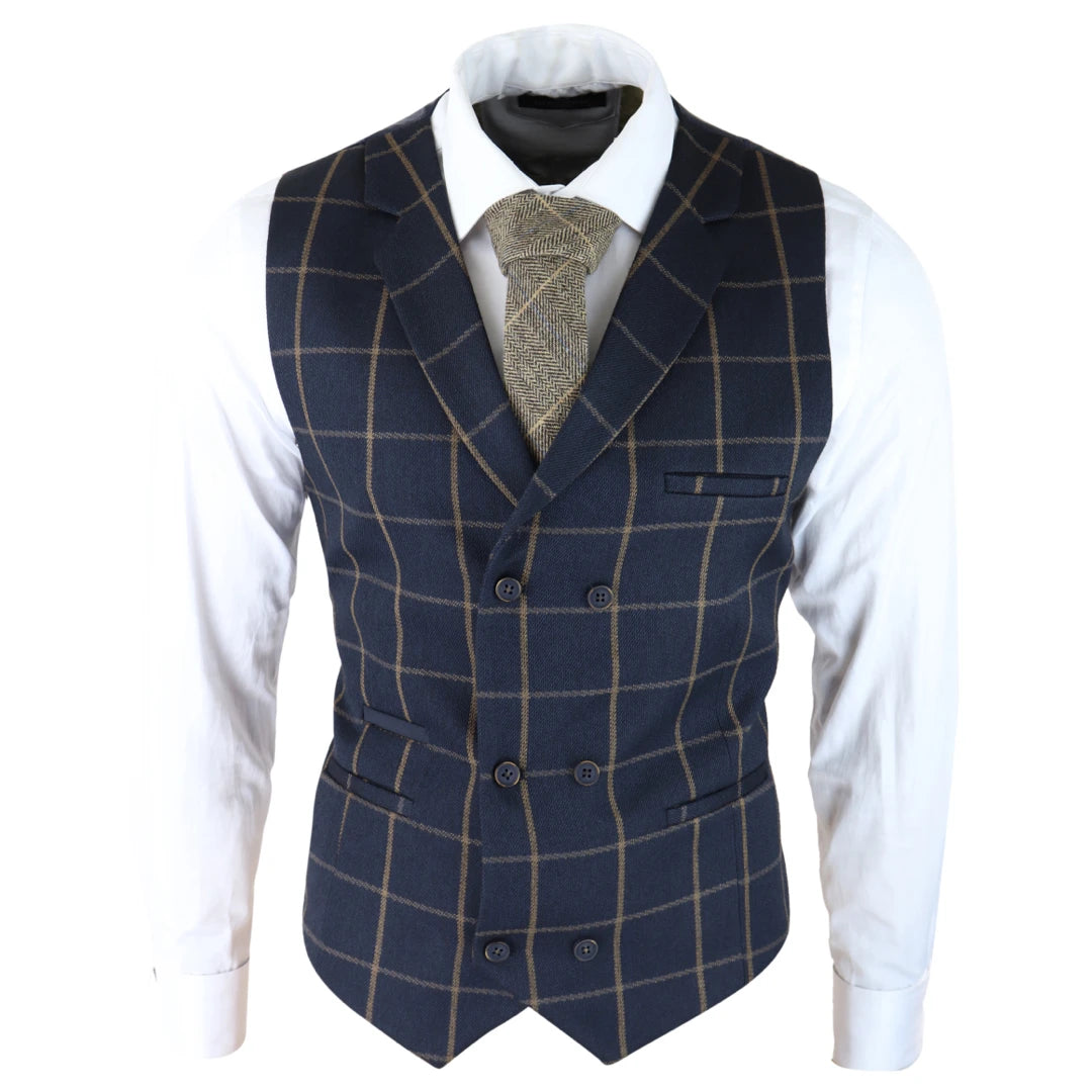 Mens Double Breasted Herringbone Tweed Vintage Check Waistcoat-TruClothing
