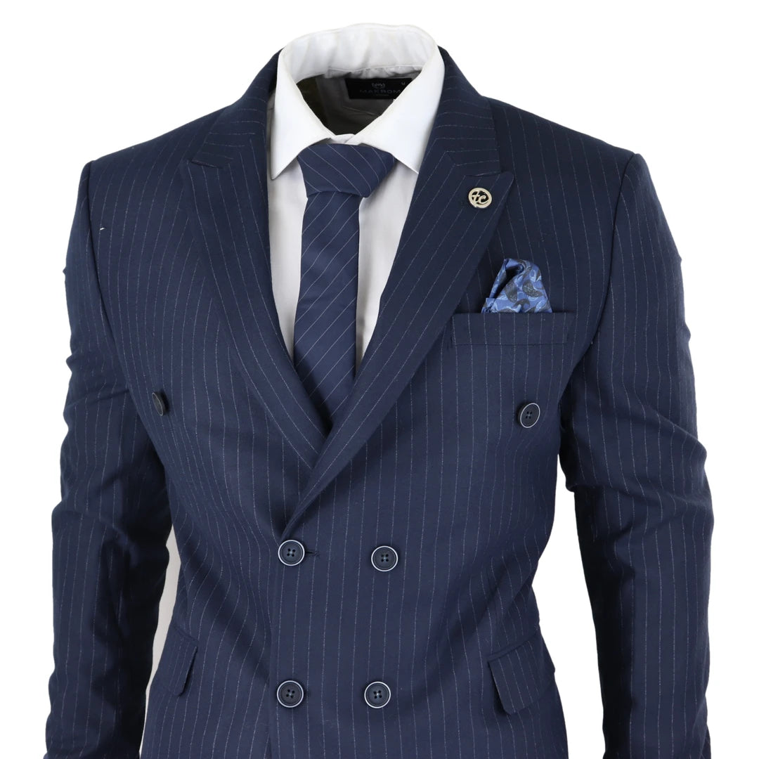 TruClothing Ak-16 Men's Double Breasted Suit Navy Pinstripe