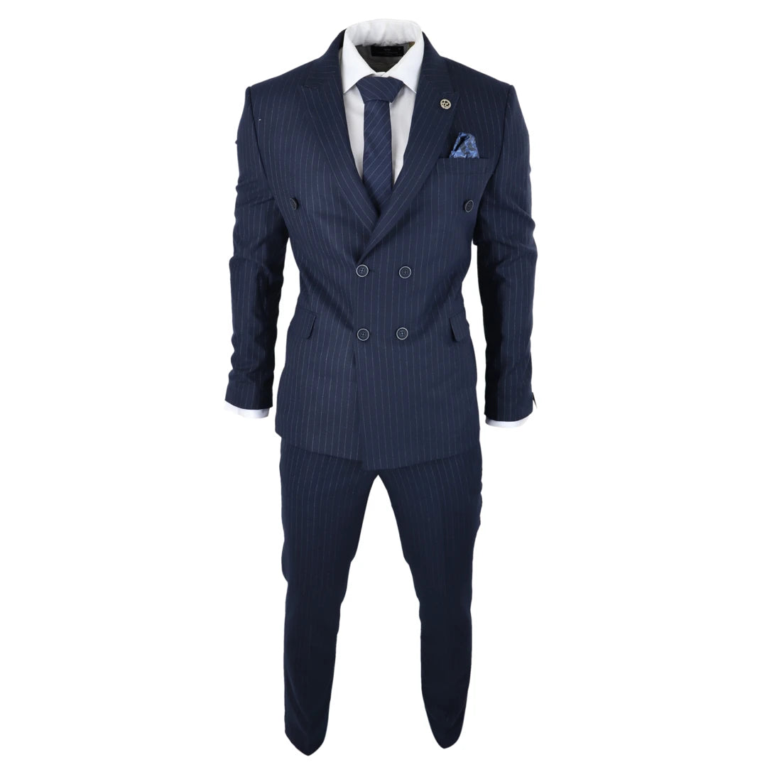 Mens Double Breasted Suit Navy Pinstripe 1920s Mafia Gangster Blinders Wedding-TruClothing