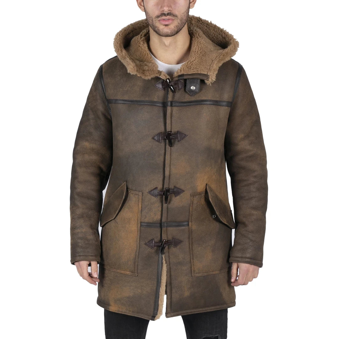 Mens Duffle 3/4 Coat Real Sheepskin Leather Jacket Toggle Classic Retro Brown-TruClothing