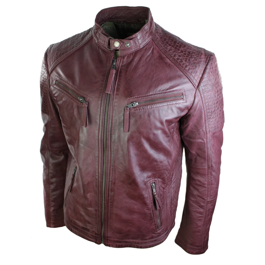 Mens Fitted Retro Style Zipped Biker Jacket Real Leather Tan Brown Nevada Timber Black Urban-TruClothing