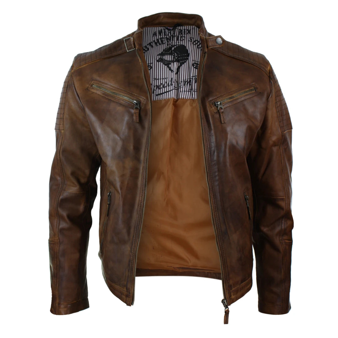 Mens Fitted Retro Style Zipped Biker Jacket Real Leather Tan Brown Nevada Timber Black Urban-TruClothing