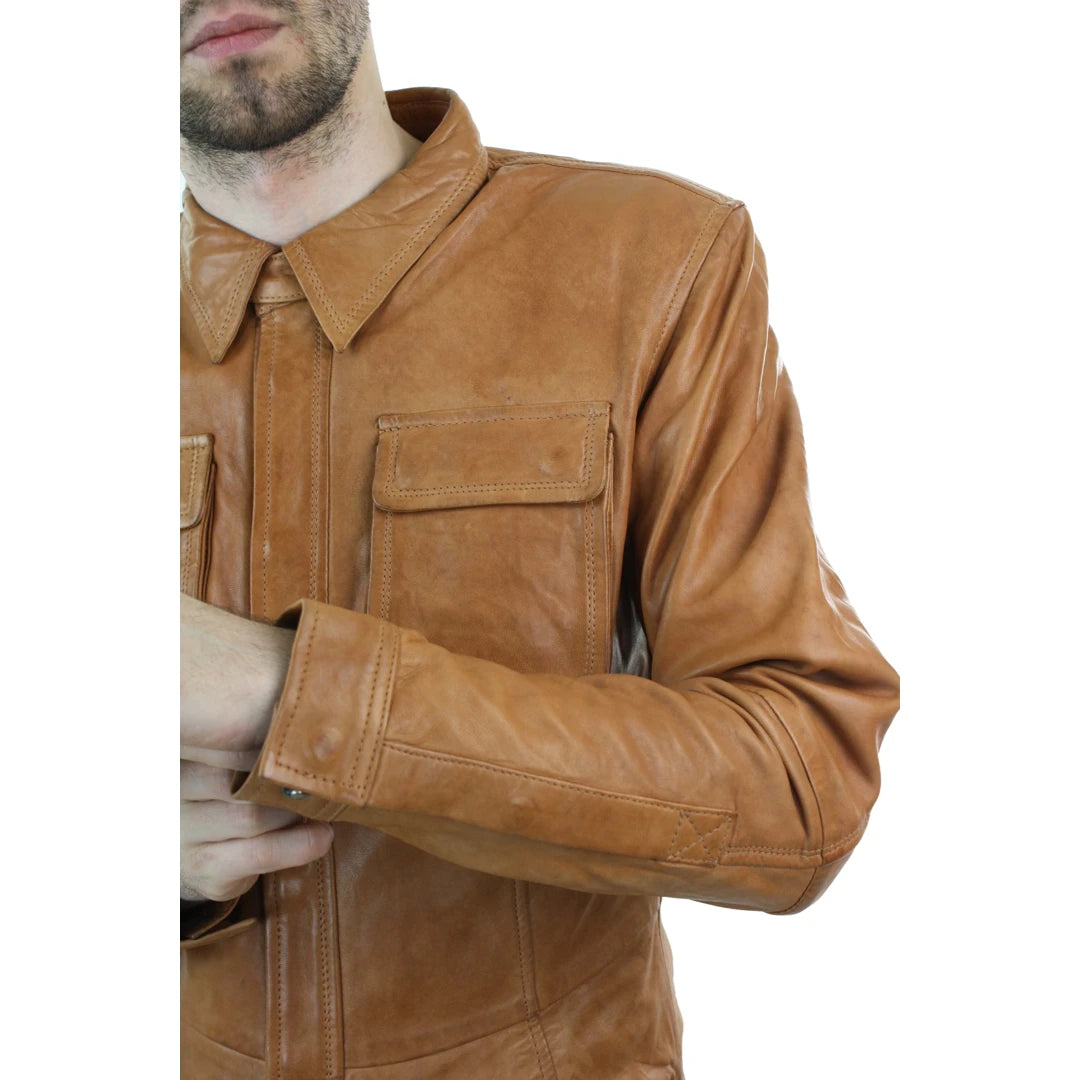 Mens Fitted Vintage Shirt Style Retro Leather Jacket Tan Brown Casual-TruClothing