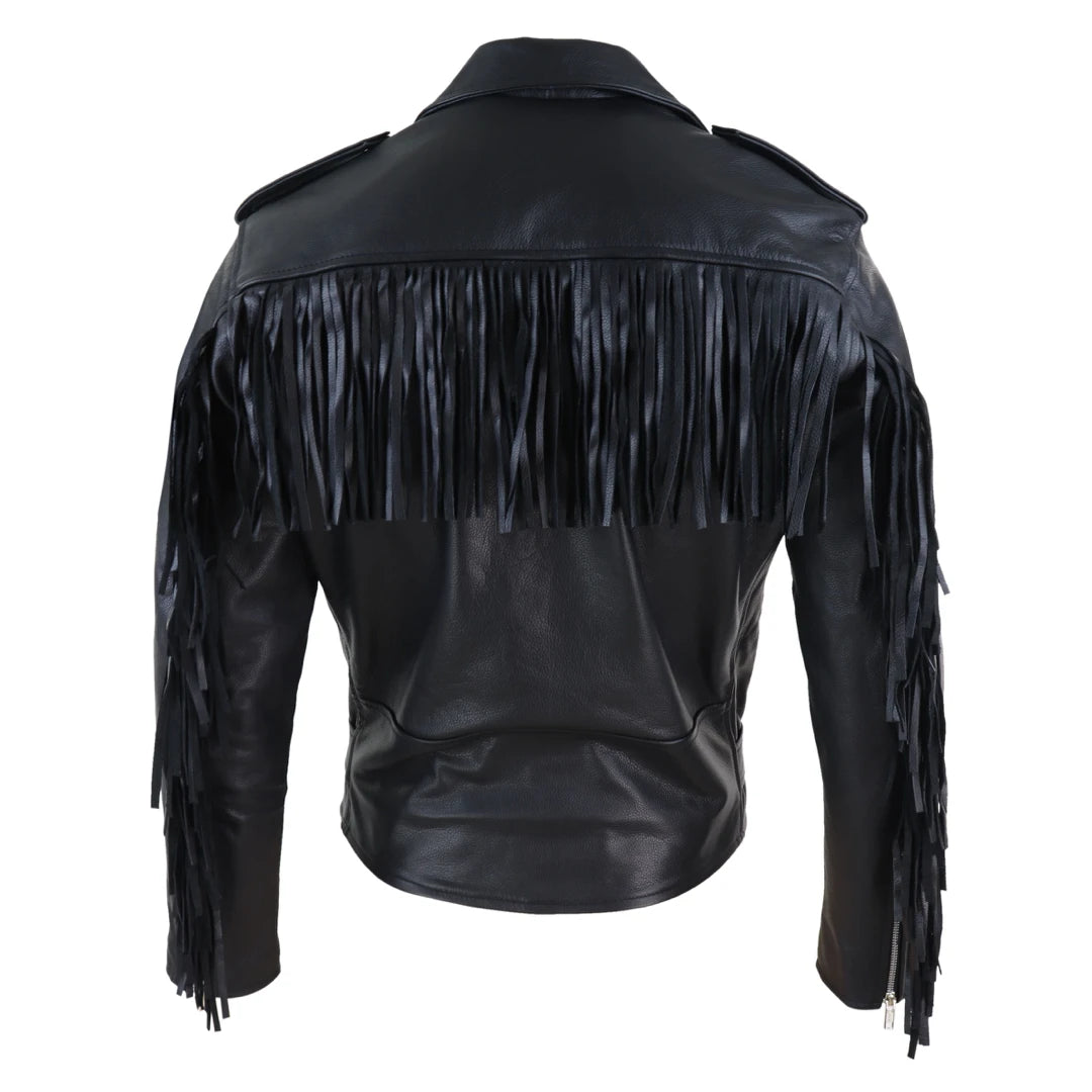 Mens Fringed Brando Black Leather Jacket-TruClothing