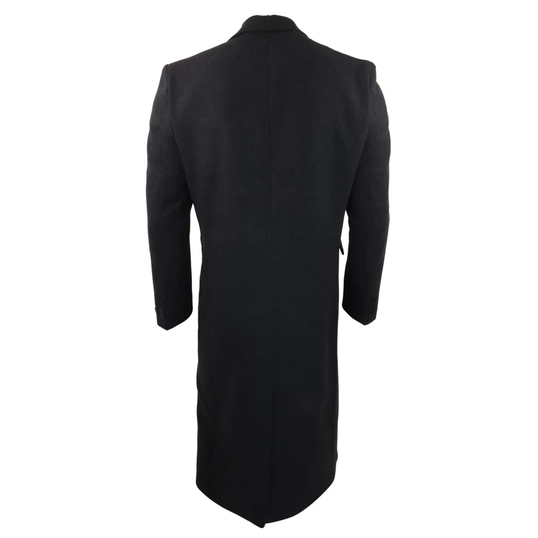 Mens Full Lenth Overcoat Mac Jacket Wool Feel Charcoal Black 1920s Blinders-TruClothing