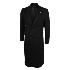 Mens Full Lenth Overcoat Mac Jacket Wool Feel Charcoal Black 1920s Blinders-TruClothing