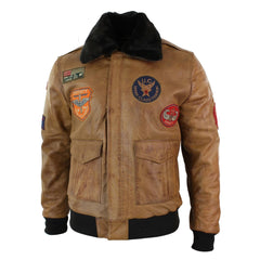 Mens Genuine Leather Air Force Pilot Bomber Jacket Tan Brown Badge Vintage Retro-TruClothing