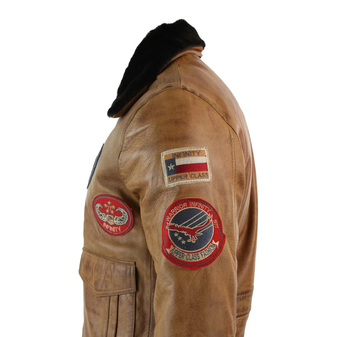 Mens Genuine Leather Air Force Pilot Bomber Jacket Tan Brown Badge Vintage Retro-TruClothing
