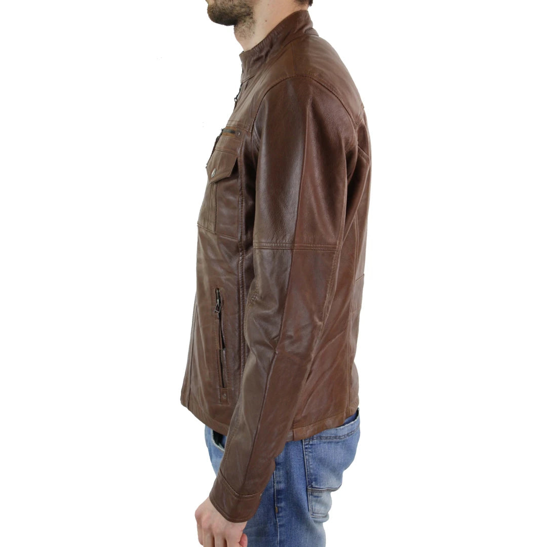 Mens Genuine Leather Biker Jacket Zipped Nehru Grandad Collar Regular Fit-TruClothing