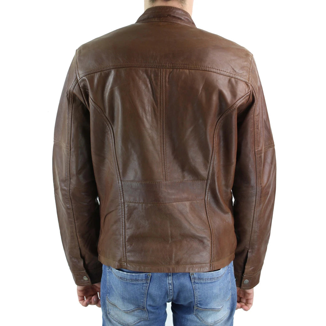 Mens Genuine Leather Biker Jacket Zipped Nehru Grandad Collar Regular Fit-TruClothing