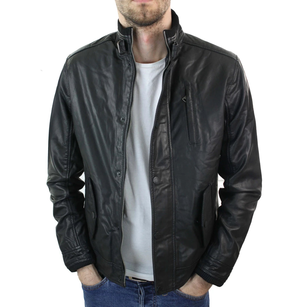 Mens Genuine Leather Zipped Vintage Black Smart Casual Jacket Short Coat Retro-TruClothing