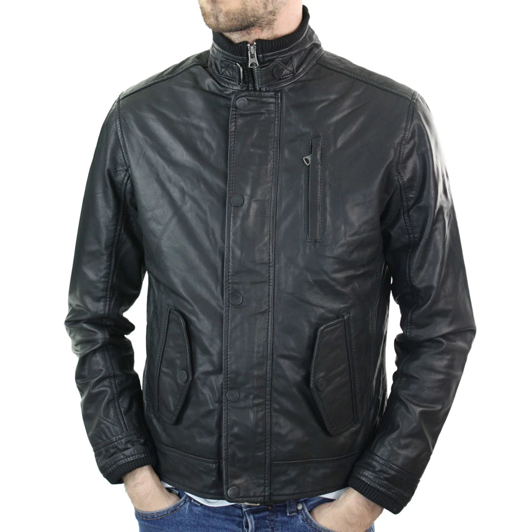 Mens Genuine Leather Zipped Vintage Black Smart Casual Jacket Short Coat Retro-TruClothing