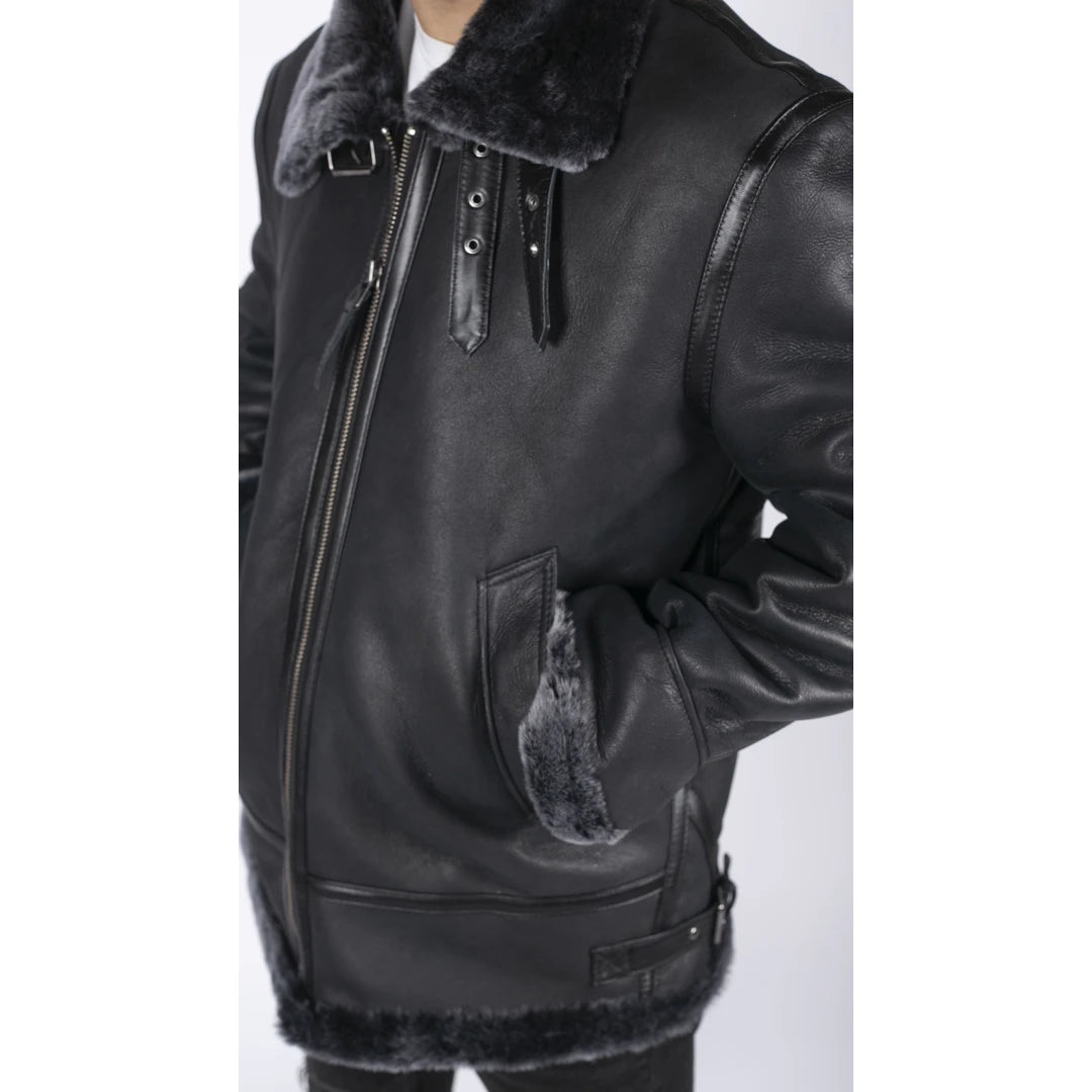 Mens Genuine Sheepskin Leather B3 Flying Aviator Jacket Black Grey Fur-TruClothing