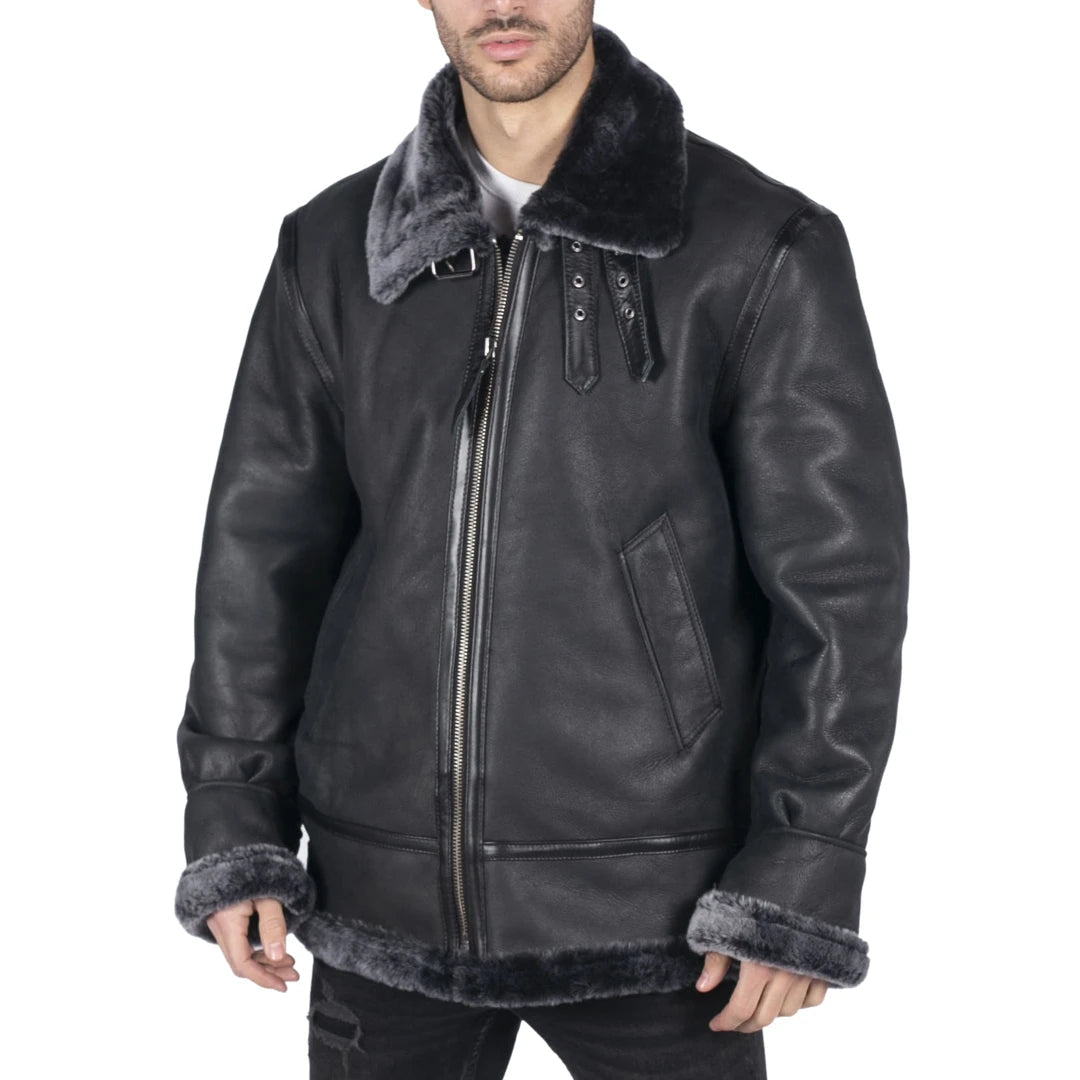 Mens Genuine Sheepskin Leather B3 Flying Aviator Jacket Black Grey Fur-TruClothing