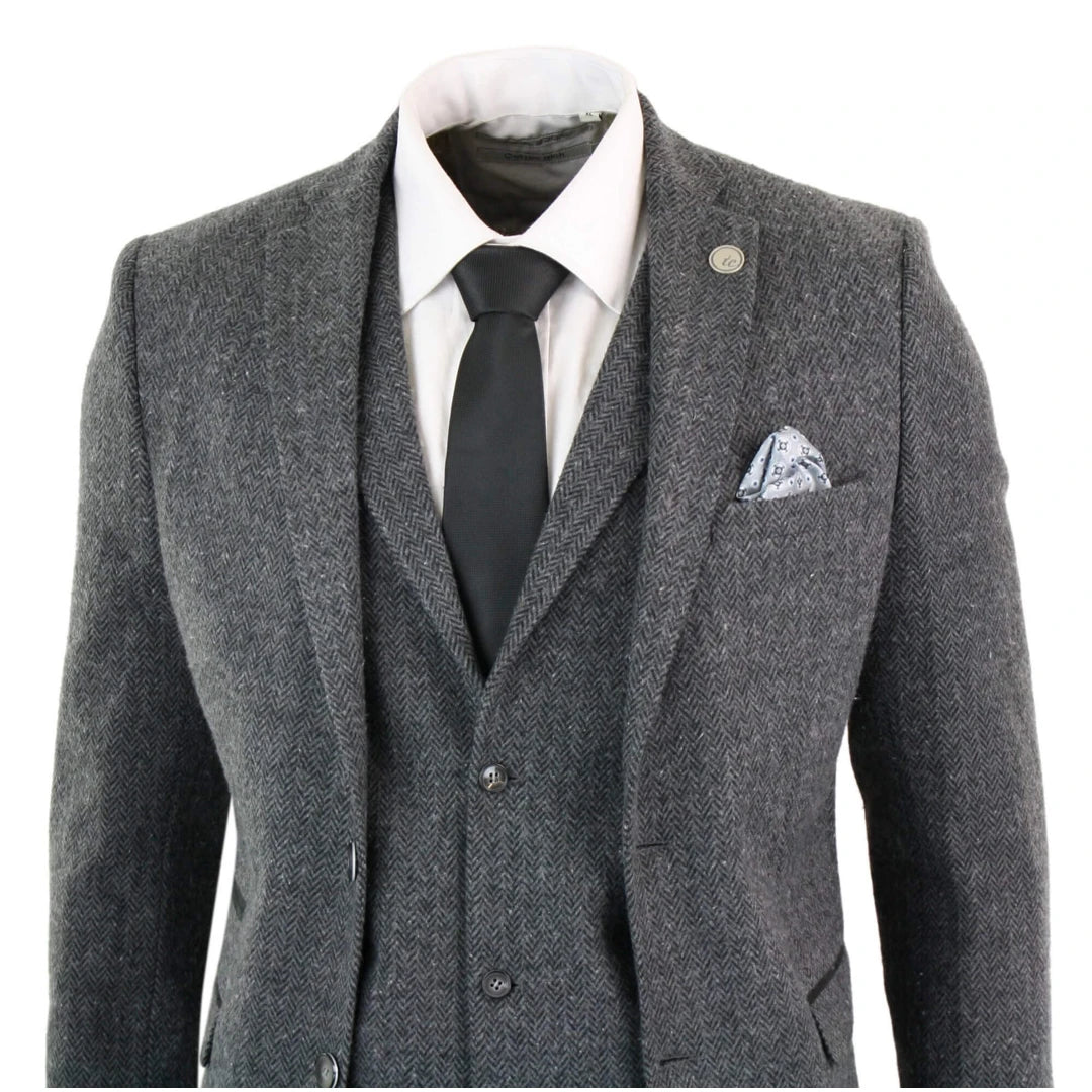 Mens Grey Black 3 Piece Tweed Suit Herringbone Wool Vintage Retro Peaky Blinders-TruClothing