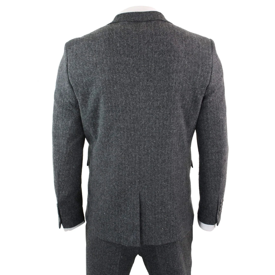 Mens Grey Black 3 Piece Tweed Suit Herringbone Wool Vintage Retro Peaky Blinders-TruClothing