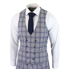 Men's Grey Blue Check 3 Piece Suit-TruClothing