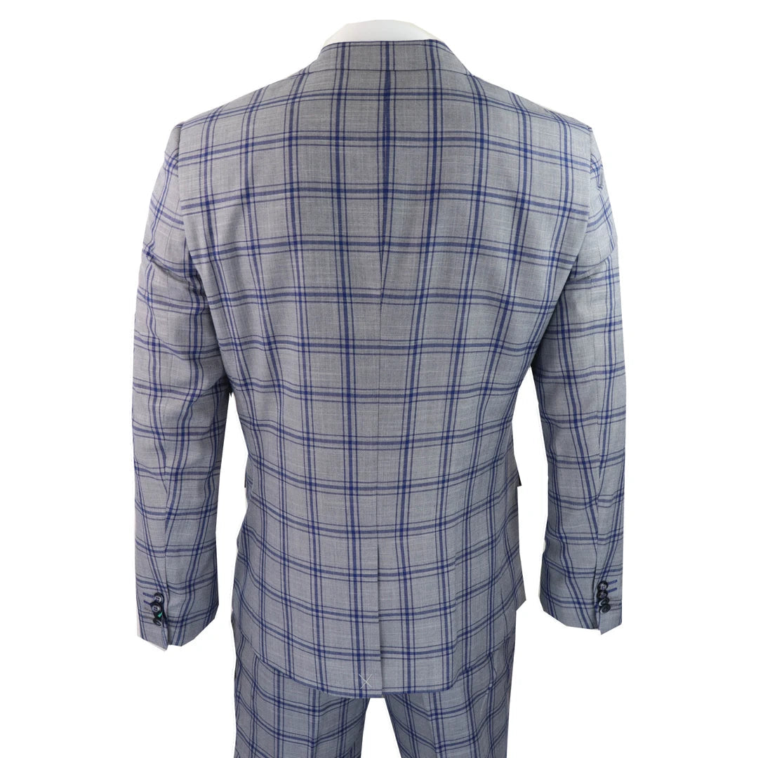 Men's Grey Blue Check 3 Piece Suit-TruClothing