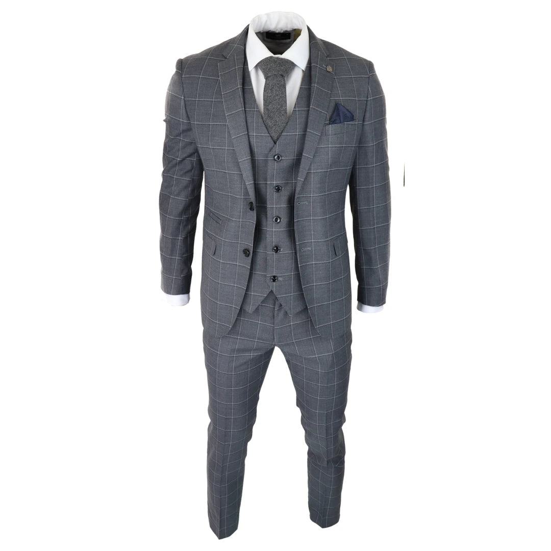 Mens Grey Check 3 Piece Suit Vintage Retro Smart Wedding Classic Tailored Fit Light-TruClothing