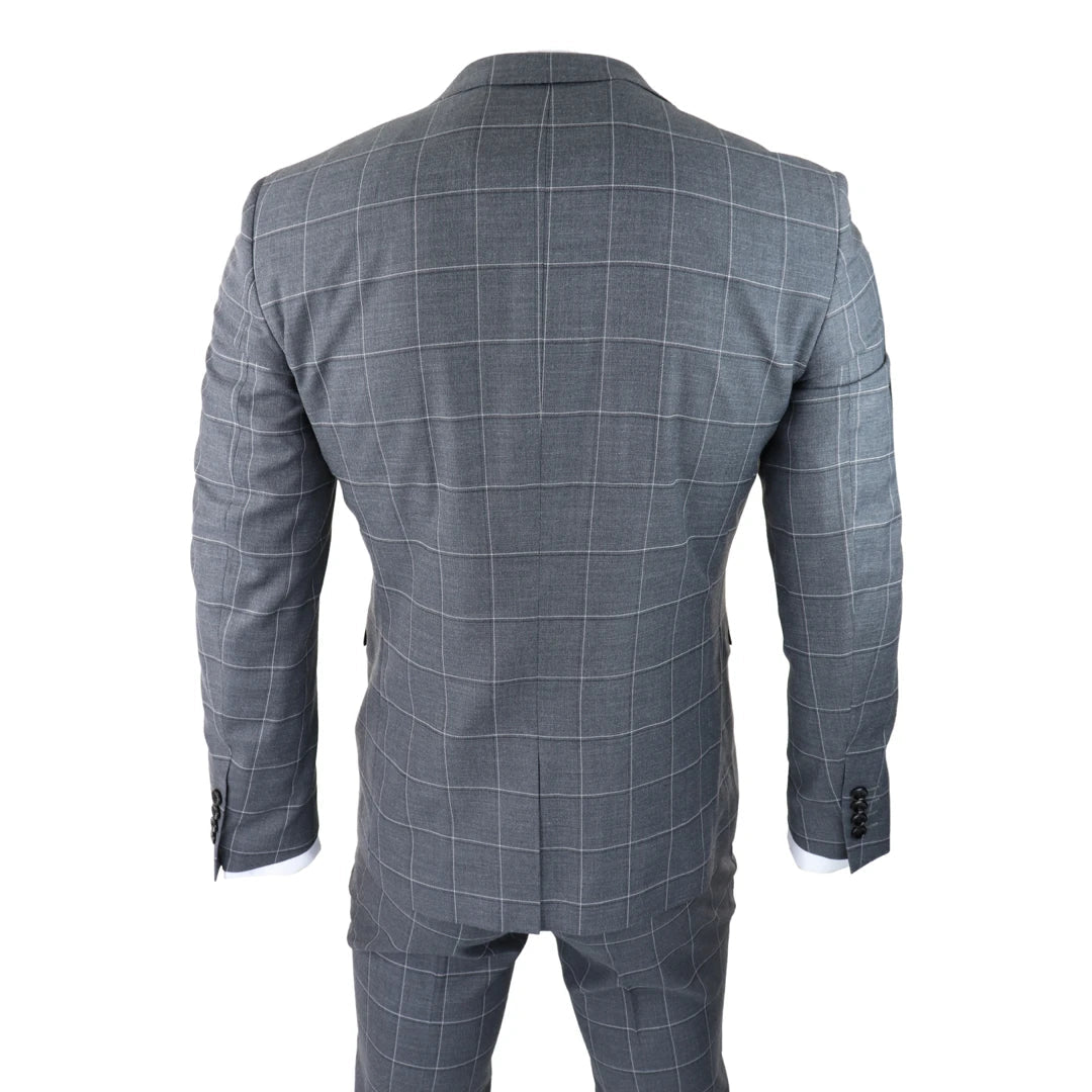 Mens Grey Check 3 Piece Suit Vintage Retro Smart Wedding Classic Tailored Fit Light-TruClothing