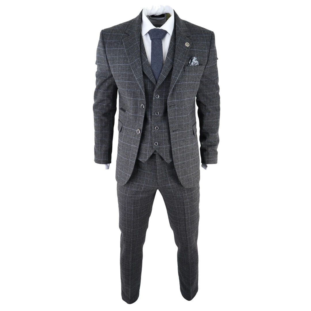 Mens Grey Tweed 3 Piece Suit Blue Check Vintage 1920s Gatsby Blinders Tailored Fit-TruClothing
