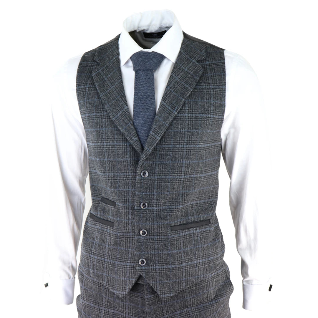Mens Grey Tweed 3 Piece Suit Blue Check Vintage 1920s Gatsby Blinders Tailored Fit-TruClothing