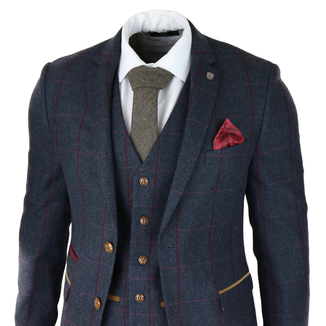 Paul Andrew Madrid Men s Herringbone Tweed 3 Piece Navy Suit