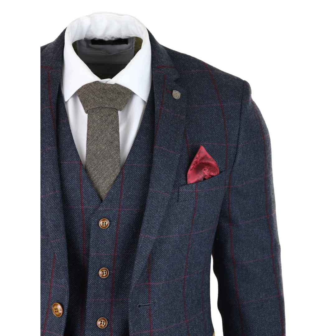Mens Herringbone Tweed 3 Piece Navy Red Check Suit Vintage 1920s Tailored Fit-TruClothing