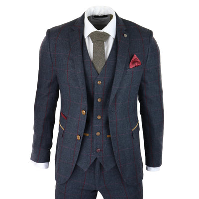 Madrid - Men's Herringbone Tweed 3 Piece Navy Red Check Suit 1920s