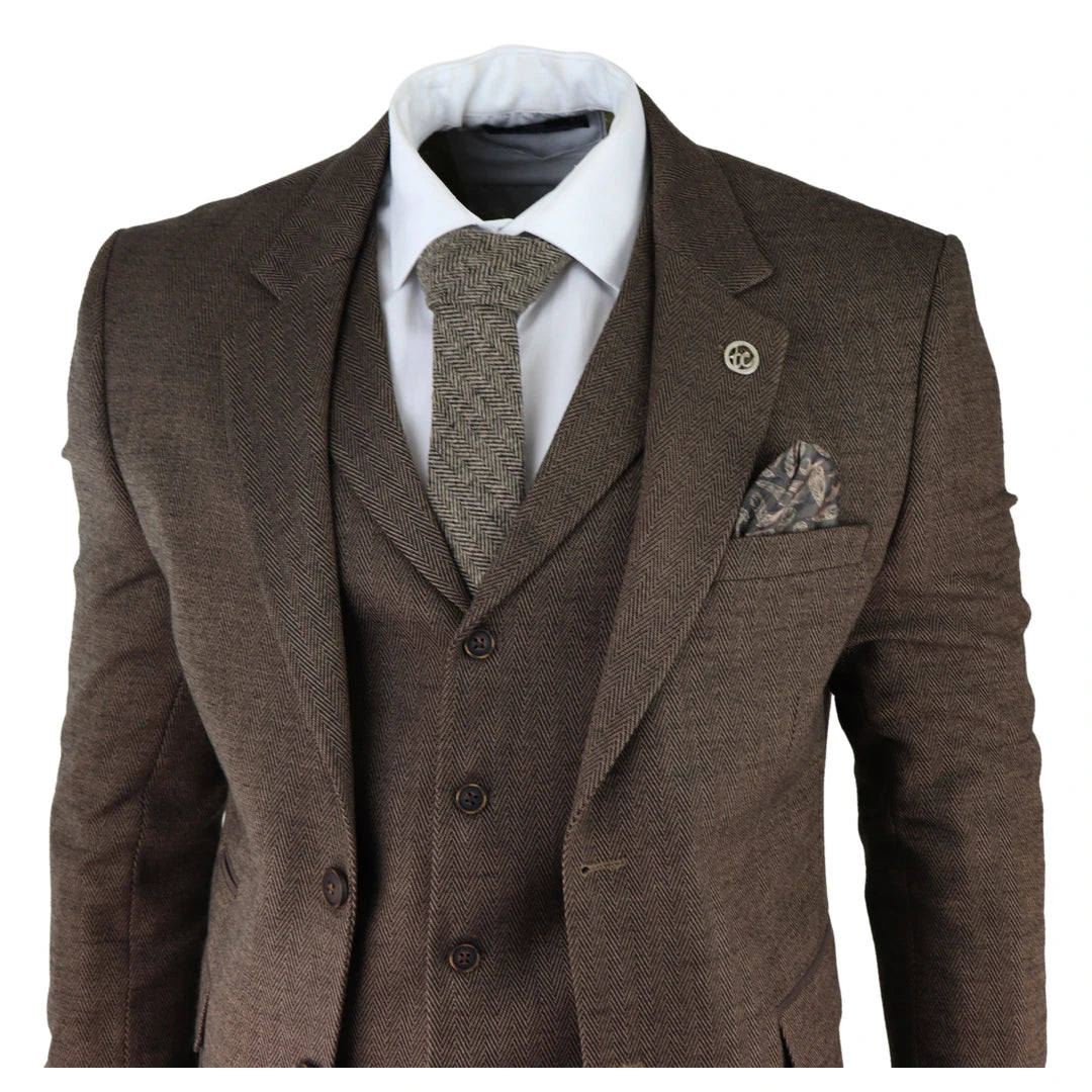 Mens Herringbone Tweed 3 Piece Suit Brown Classic Vintage Tailored Wedding Blinders-TruClothing