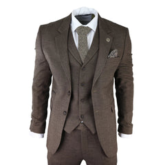Mens Herringbone Tweed 3 Piece Suit Brown Classic Vintage Tailored Wedding Blinders-TruClothing