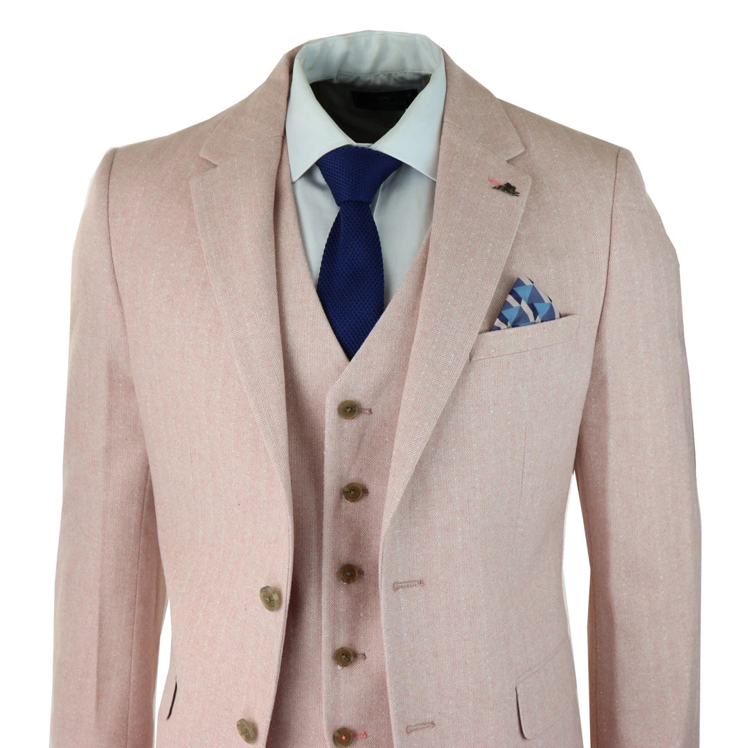 Mens Herringbone Tweed 3 Piece Suit Pink Blush Retro Vintage Short Reg Long-TruClothing