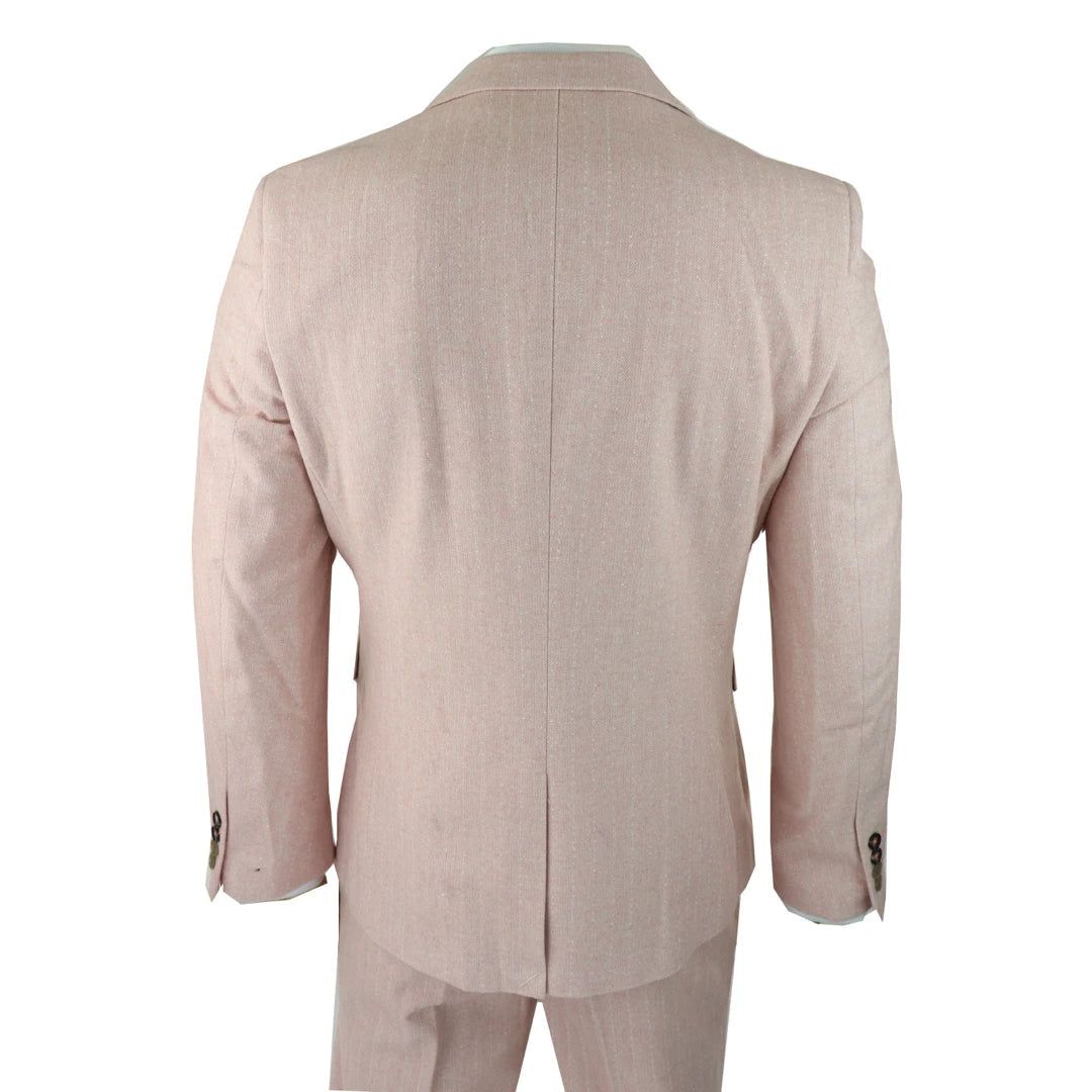 Mens Herringbone Tweed 3 Piece Suit Pink Blush Retro Vintage Short Reg Long-TruClothing