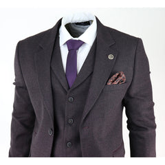 Mens Herringbone Tweed 3 Piece Suit Purple Plum Tailored 1920s Vintage Blinders-TruClothing