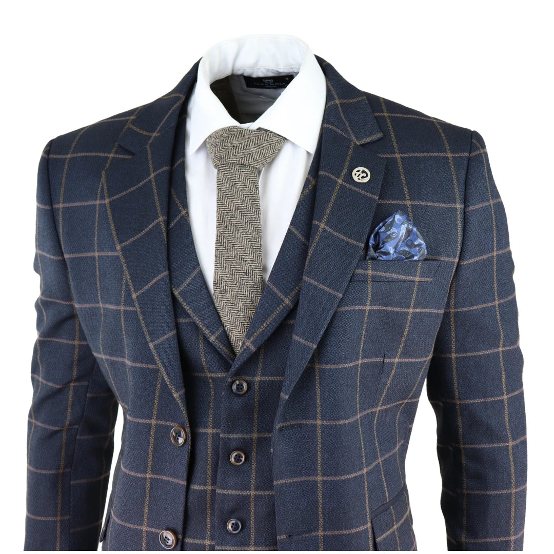 Mens Herringbone Tweed Check 3 Piece Wool Suit - Navy Blue-TruClothing