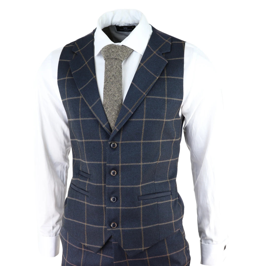 Mens Herringbone Tweed Check 3 Piece Wool Suit - Navy Blue-TruClothing
