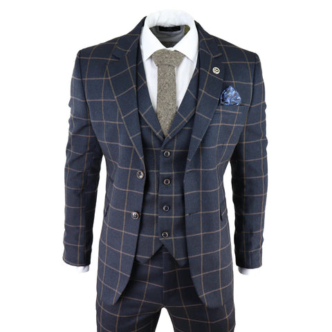 Men Herringbone Tweed Navy Check 3 Piece Suit TruClothing