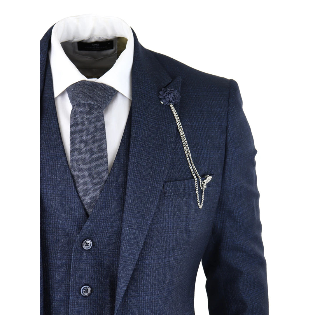Mens Herringbone Tweed Navy Blue Check 3 Piece Vintage Suit Peaky Blinders Tan-TruClothing