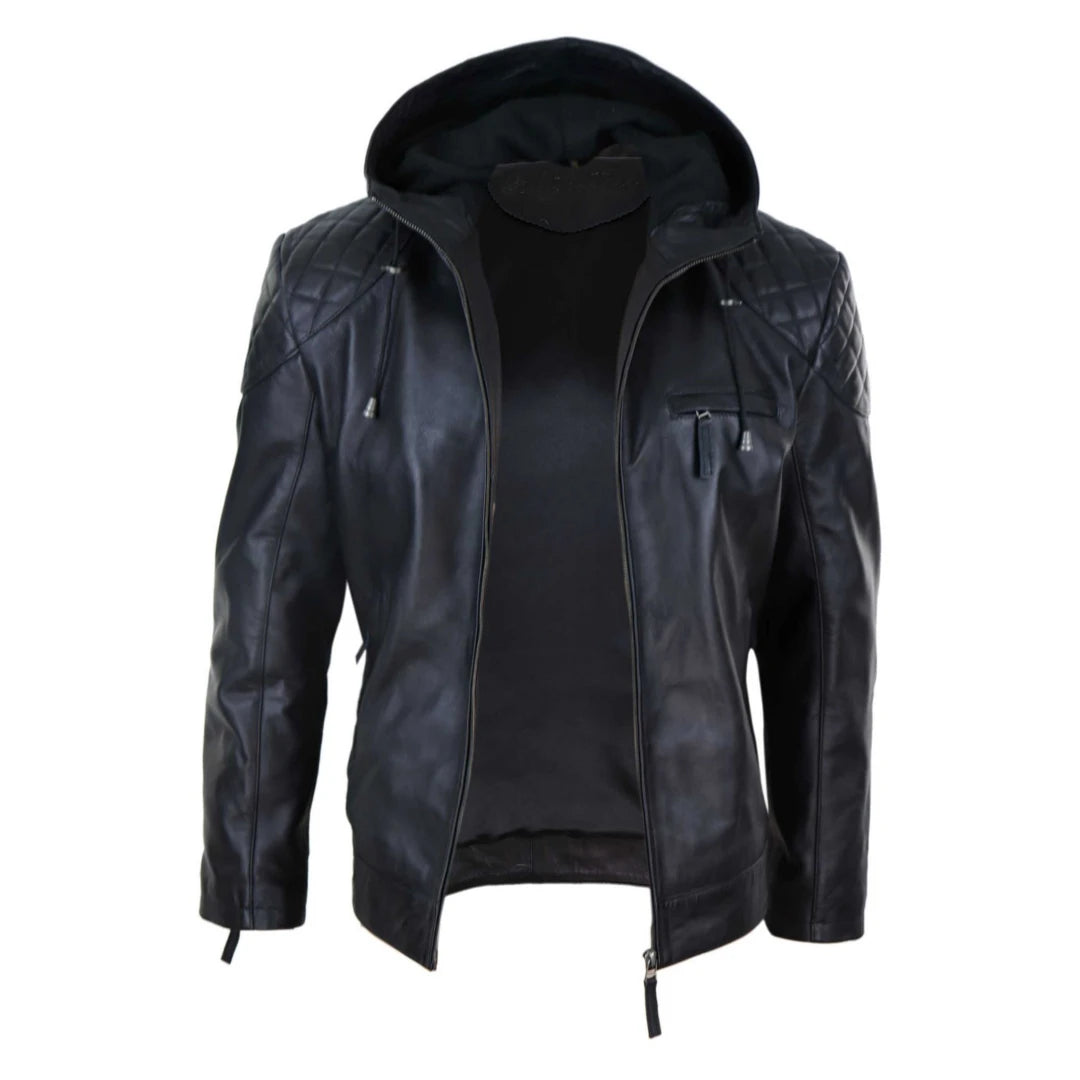 Mens Hood Biker Jacket Genuine Leather Casual Zip Retro Urban-TruClothing