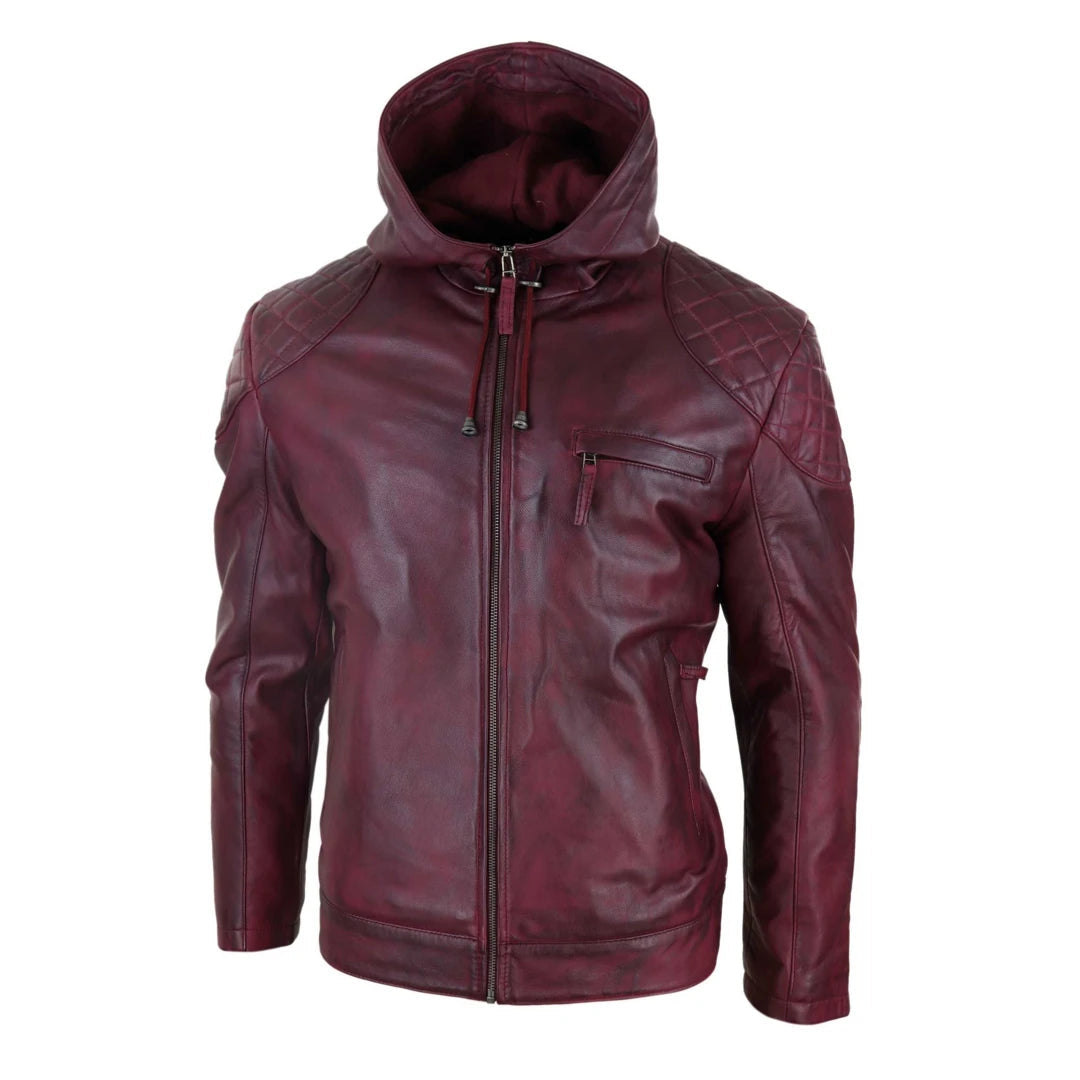 Mens Hood Biker Jacket Genuine Leather Casual Zip Retro Urban-TruClothing