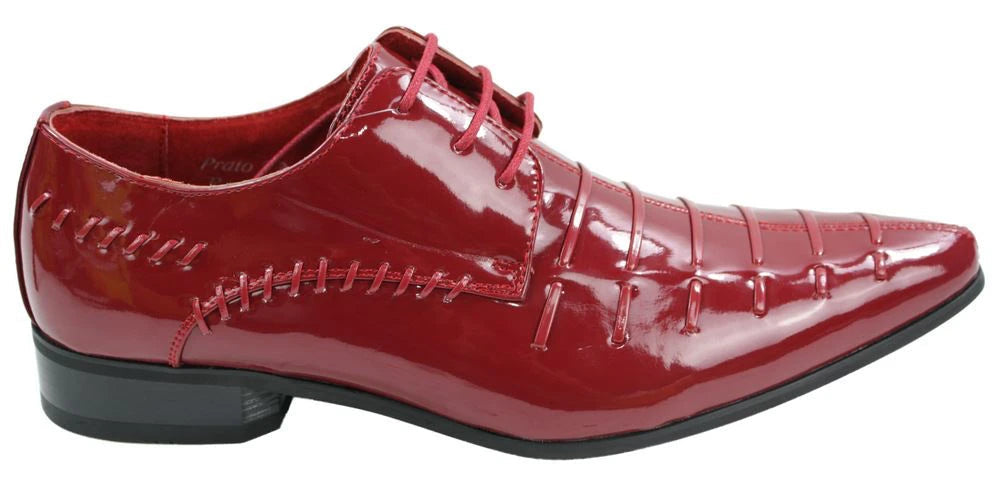 Mens Italian Design Black Red Laced Leather Shiny Patent Shoes Smart Casual-TruClothing