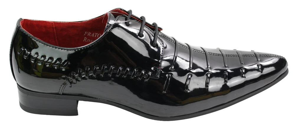 Mens Italian Design Black Red Laced Leather Shiny Patent Shoes Smart Casual-TruClothing