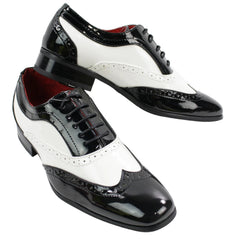 Mens Italian Design Black Red White Design Laced Leather Shiny Patent Shoes-TruClothing