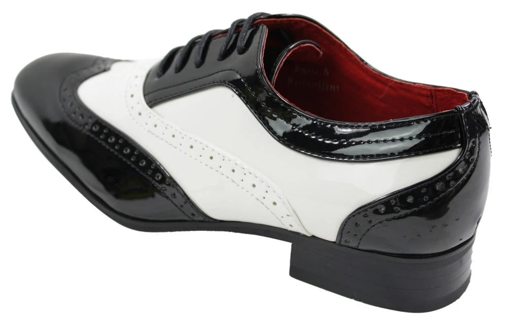 Mens Italian Design Black Red White Design Laced Leather Shiny Patent Shoes-TruClothing