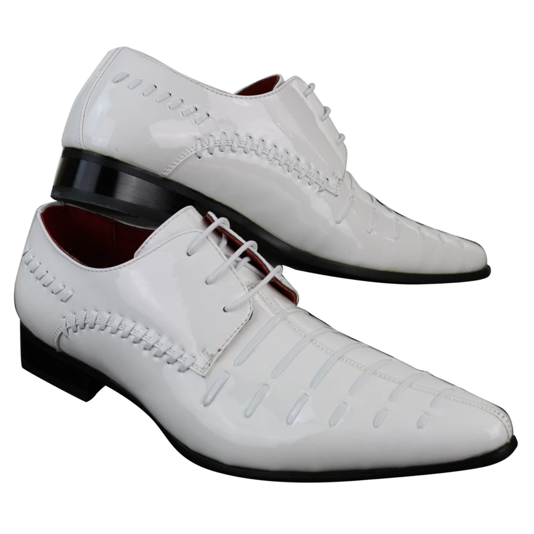 Mens Italian Design White Laced Leather Shiny Patent Shoes Smart Casual-TruClothing
