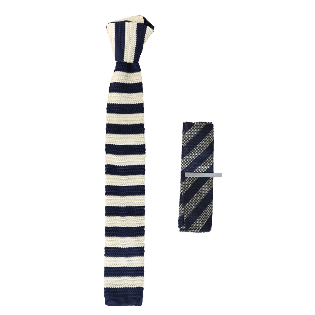 Mens Knitted Tie Hankie & Pin Set Navy Cream Striped Smart Formal Neck Tie-TruClothing