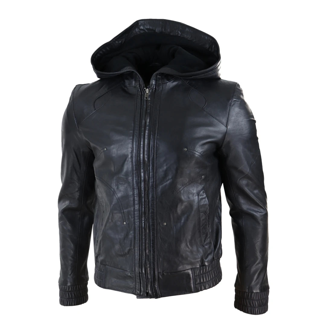 Mens Leather Bomber Jacket with Hood-TruClothing