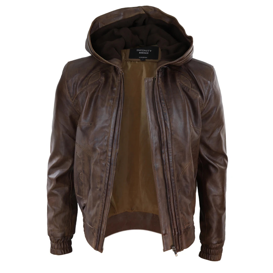 Mens Leather Bomber Jacket with Hood-TruClothing