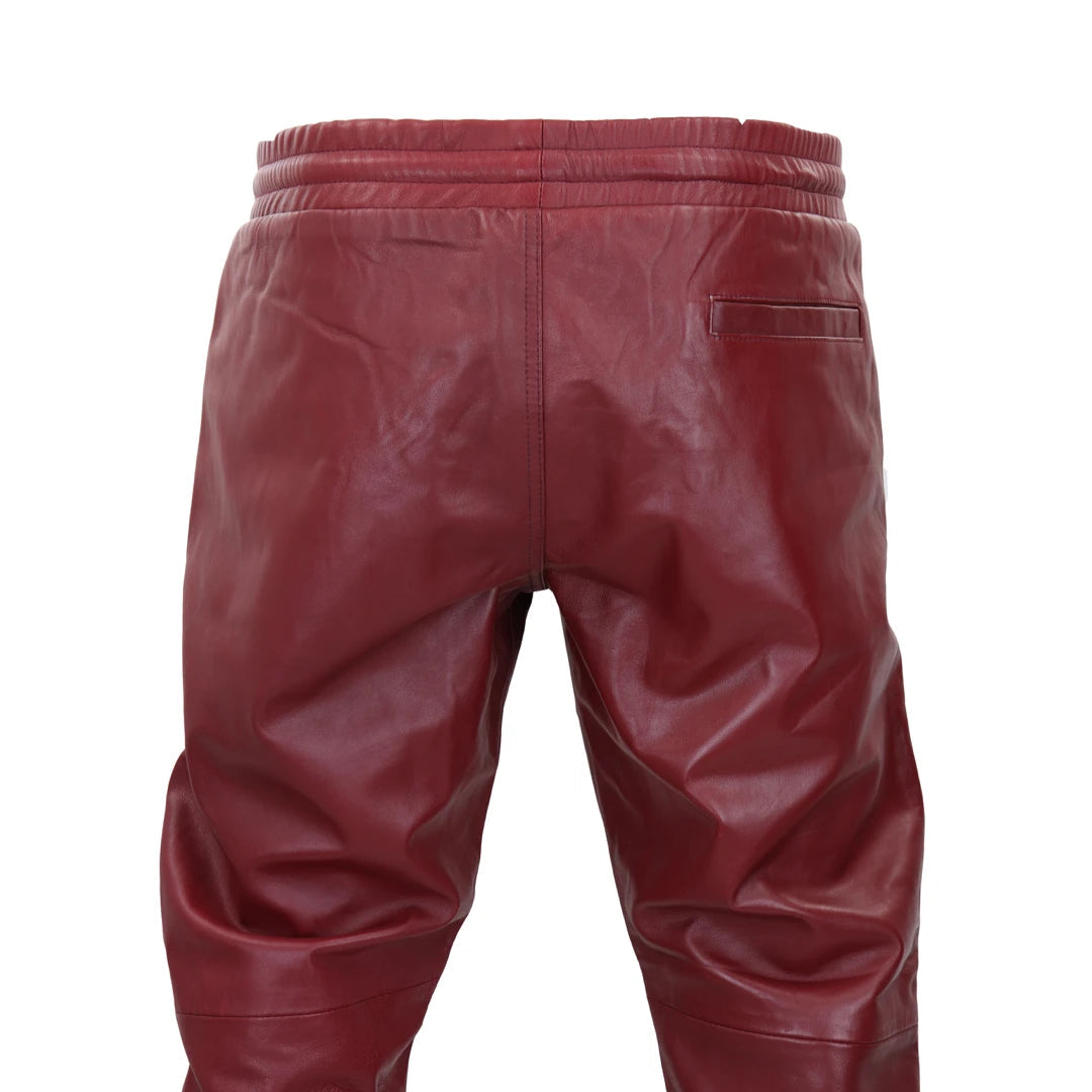 Urban Edge: Men's Casual Street Style Motorbike Real Burgundy Leather  Jogger Pants
